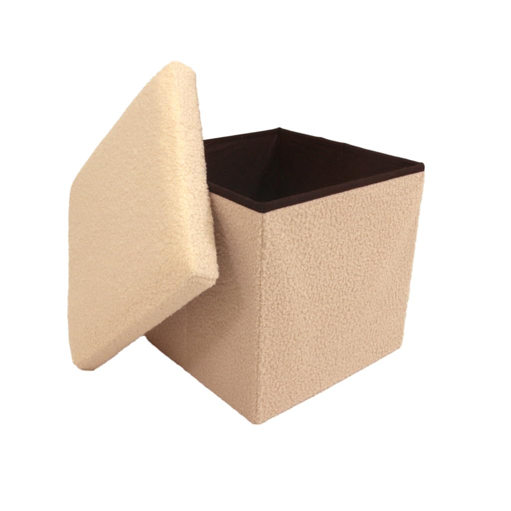 Libbi Lou Cream Teddy Boucle Foldable Footstool/Ottoman Storage Box | 38 x 38 x 38 cm | Ottoman for Home, Office or Bedroom | Store up to 20kg (Cream)
