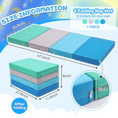 Image of Wesiti 1 Pcs Nap Mats for Preschool 2 Inch Thick 47x24 Folding Rest Mat 4 Section, Sleeping Pad for Kids Children Daycare Nap School Classroom Kindergarten Daycare Travel Home in Green Blue