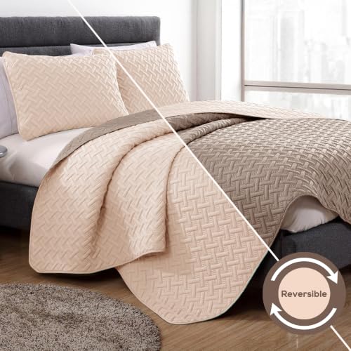 Image of Story@Home Reversible Quilted Bedsheet | 400 TC Ultrasonic Bedspread AC Blanket | Comforter for Double Bed Quilted Bedcover for Double Bed with 2 Pillow Cases 250x225 CM - Sand & Cocoa