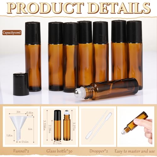 Domensi 30 Pcs Essential Oil Bottles, 10 ml Glass Bottle with Stainless Steel Roller Ball and Cap for Travel, Perfume, Lip Balm, 2 Funnels, 0.5 ml Dropper(Amber)2