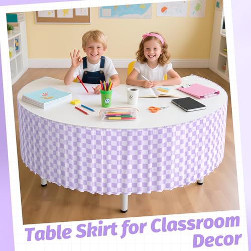 Image of 9FT Purple Checkered Table Skirt Ruffle Colorful Teacher Desk Skirts for Classroom Decorations Rectangle Table Cover Skirt for Back to School Party Supplies Kindergarten Office Dorm Bookcase Cabinet