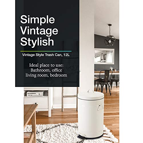 Image of White Trash Can with Lid, Bathroom Bedroom Waste Basket Soft Close, Small White Garbage Can, Retro Vintage Home Office Trash Can, 12 Liter /3 Gallon, Glossy Cream White