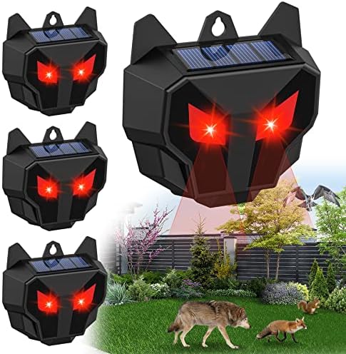 4 Pack Solar Animal Repeller Outdoor, Animal Deterrent with Red Lights, Waterproof Wild Animals Dog Repellent for Chicken Coop, Cat, Skunk, Wolf, Deer, Coyote, Fox, Raccoon