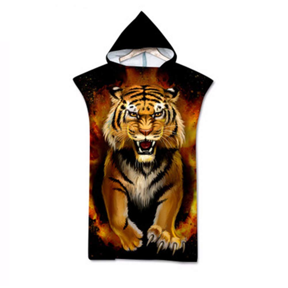 Treer Swim Towels Changing Robe Hooded, 3D Tiger Printing Poncho Towel Microfibre Quick Dry Light Weight Towel for Women Men Beach Swimming Surfing Wetsuit Camping (75x110cm,Black flame)