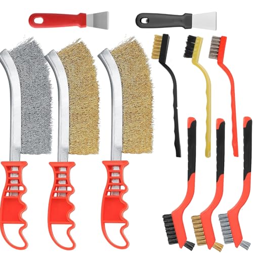 Wire Brush Set 11PCS Heavy Duty Wire Brushes with Brass Stainless Steel & Nylon Bristles Scraper Tools Rust Paint Dirt Removal for BBQ Car Detailing Home Maintenance & Metal Cleaning