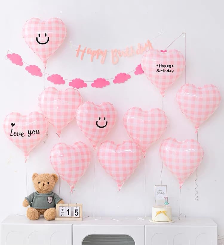 Image of 10 Pcs Pink Checked Heart Balloons, 18 Inch Baby Pink And White Plaid Heart Shaped Balloon For Romantic Wedding Propose Valentine Engagement Bridal Shower Love Graduation Party Decorations