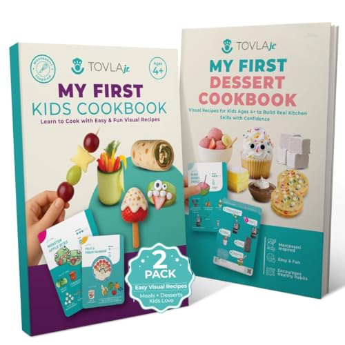 Tovla Jr. My First Visual Cooking System for Kids Ages 4 to 8 | 2 Book Set for Real Cooking and Baking | Step by Step Picture Recipes with Healthy Swaps | Montessori Inspired Gift