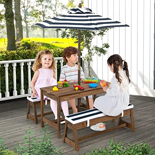 Set di seggiolini per bambini, tavolo da picnic con panche, cuscino e ombrellone, set di seggiolini per bambini in legno, set di sedute per esterni, mobili da giardino per giardino, cortile, terrazza