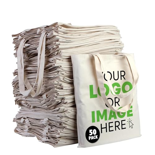 PAMUSAN natural Pack of 10 Custom Canvas Tote Bags with Logo &ndash; Bulk Reusable Cotton Gift Bags for...