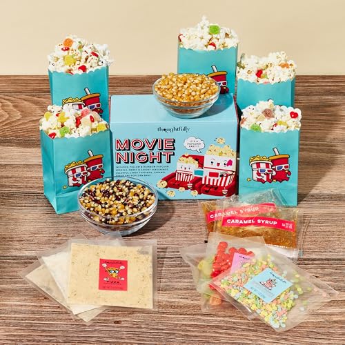 Image of Thoughtfully, Family Movie Night Supplies Kit, Includes Popcorn Bags, Gourmet Popcorn Kernels, Seasonings and Candy Toppings, Gift Basket Idea