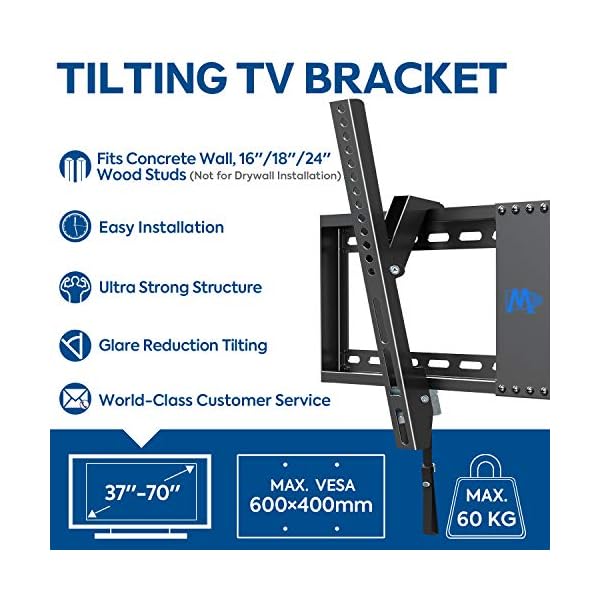 Mounting Dream Tilt TV Wall Mount Bracket for Most 37-70 Inch LED, LCD, OLED, Plasma TVs up to VESA 600x400mm and 60kg, Incl. Fischer Wall Plugs, Tilting TV Bracket MD2268-LK-02 Black - Image 3