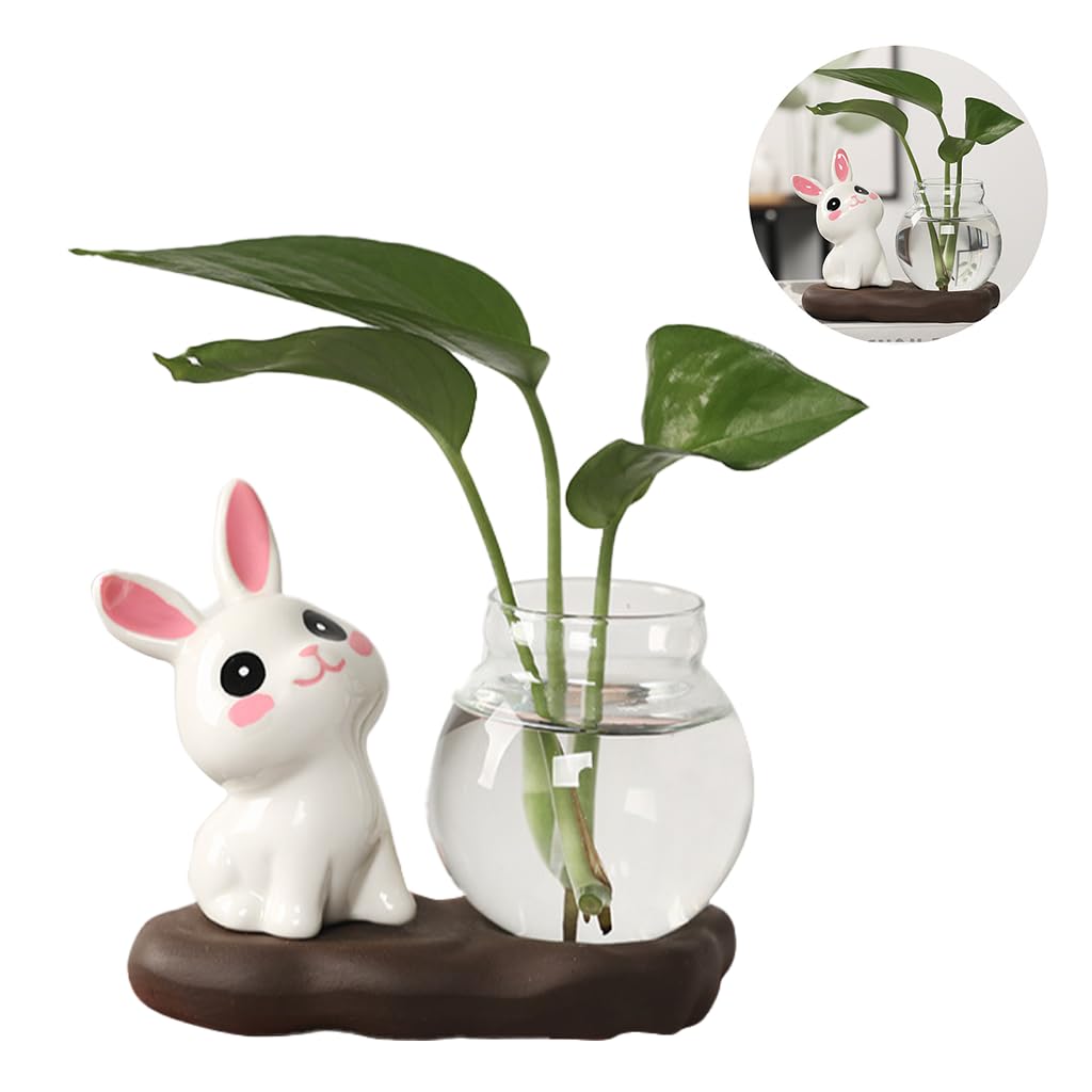 HASTHIP® Mini Glass Hydroponics Pot Ornament, Set of 3Pcs Ceramic Art Cute Bunny Desk Hydroponics Ornament with Base, Decorative Desk Decor Ornament for Shelf, Office, Housewarming Gift-image-9