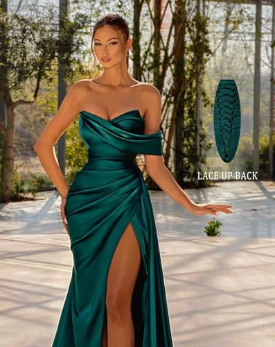 Long Mermaid Prom Dresses Satin with Slit Strapless Sweep Train Cocktail Party Formal Evening Gown3