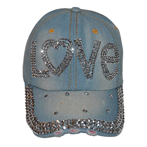 Popfizzy Bling Love Cap For Women, Rhinestone Love Hat, Bedazzled Baseball Caps, Fancy Bejeweled Hats, Distressed Denim Hat, Bling Gift For Women #TOP6