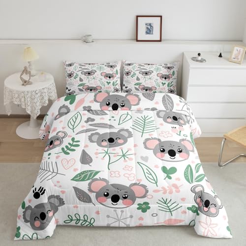 Image of Feelyou Koala Comforter Set - King Size, Cute Koala Cartoon Duvet Set for Kids & Toddlers, Lightweight Botanical Plant Quilt Set