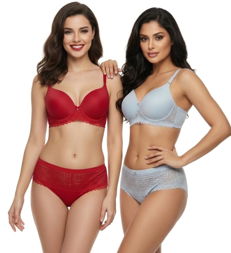 brixtaa Combo Pack of 2, Premium Everyday Comfort Lace Lingerie Sets, Padded Plunge Bra with Delicate Lace Wings, Soft Stretch Panty | Bra Panty Sets (Colors May Vary)-picture-17