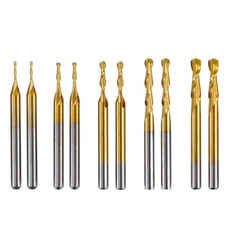 10pcs Ball Nose End Mills CNC Router Bits 1/8 Inch Shank Spiral CNC Carbide End Mill Titanium Coating 2 Flutes Milling Cutter