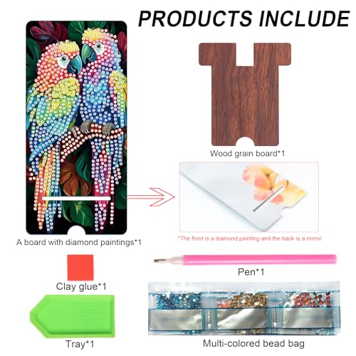 Image of Parrot Diamond Painting Phone Stand with Mirror, DIY Wooden Diamond Art Desktop Phone Holder, 2-in-1 Crystal Rhinestone Diamond Painting Craft and Tabletop Mirror
