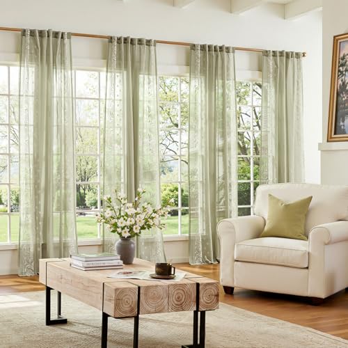 Image of jinchan Winslow Sage Sheer Curtains 84 Inch for Bedroom Living Room Embroidered Bordered Floral Nursery Curtains for Playroom Dorm Light Filtering, Ivory on Sage, 2 Panels, 50W x 84L