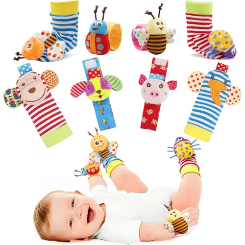 Image of Bloobloomax Soft Baby Rattle Wrist Rattle Foot Finder Socks Set,Cotton and Plush Stuffed Infant Toys,Birthday Holiday Birth Present Gift for Newborn Boy Girl Kids Toddler (8pcs-B Set)