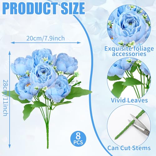 Image of 8 Pack Blue Peonies Artificial Flowers, Fake Silk Hydrangea Bouquet for Bridal Wedding Home Table Decor Reusable Dining Opening Ceremony Birthday Arrangement Faux Floral