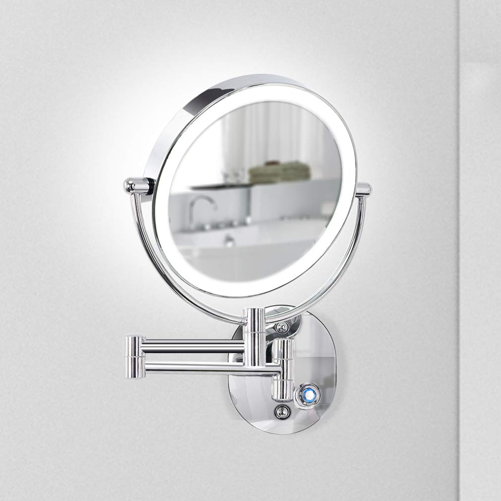 Espejo de maquillaje LED de doble cara de 360°, espejo de tocador montado en la pared con aumento de 7X/10X, extensible para una rutina de belleza definitiva en el baño