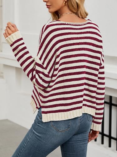 V Neck Sweaters for Women Striped Oversized Pullover Sweaters Drop-Shoulder Side Slit Loose Knit Jumper Tops2