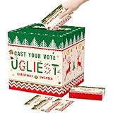 WNINK Christmas Green Ugly Sweater Cards Box, Ugly Sweater Contest Ballot Box Set with 50 Voting Cards for Christmas Party Games Decorations