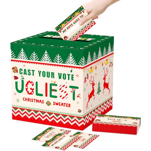 WNINK Christmas Green Ugly Sweater Cards Box Ugly Sweater Contest Ballot Box Set with 50 Voting Cards for Christmas Party Games Decorations
