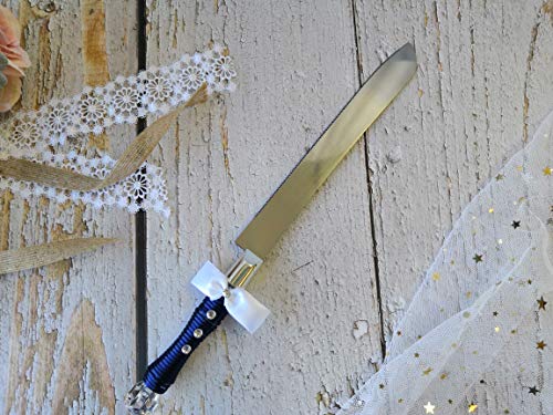 Abbie Home Bride And Groom Wedding Champagne Toasting Flute Anniversary Glasses With Silk Bow Tie And White Lace Trim Rhinestone Décor, Set Of 2 (Navy Cake Knife Set) #TOP2