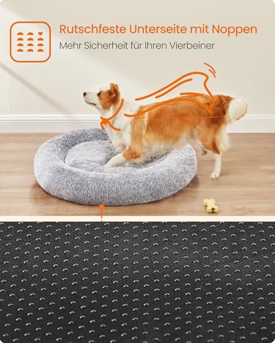 Feandrea Hundebett flauschig, Katzenbett, Donut Kissen, waschbar, Polsterung in der Mitte herausnehmbar, Langer Plüsch, 90 cm Durchmesser, Ombré-Grau PGW041G01