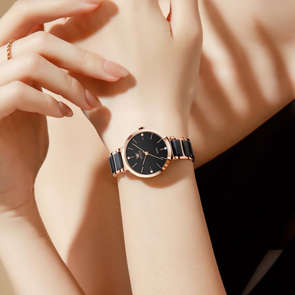 Damenuhr, Roségold Keramik Edelstahl-Uhr, 30mm Kleines Zifferblatt | Minimalistische analoge Quarzuhr, wasserbeständig, für schmale Handgelenke, Schwarz & Weiß – elegantes Geschenk für Damen