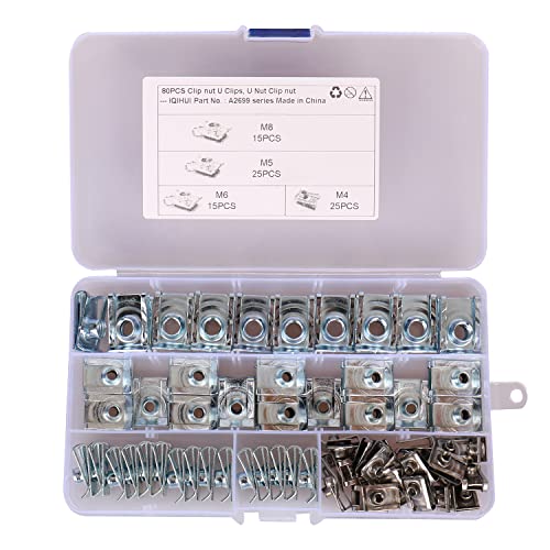 KONDAJI 80 Stück Blechmutter Set M4 M5 M6 M8 Gewinde Clip Mutter Set Edelstahl Schlauchschellen Set Schnappmutter U-Typ Blechmuttern Karosserie Blechmuttern Flachwinkelmutter Befestigungssortiment Cover