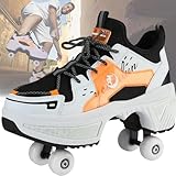 収納式ローラースケート 2 in1複列変形 多機能 4四輪シューズ, 見えないローラ ースケート男女兼用変形ローラ ースケート 大人用子供用ローラースケート 運動靴 アウトドアスポーツキックローラ ーシューズ (オレンジ色, 22.7CM)
