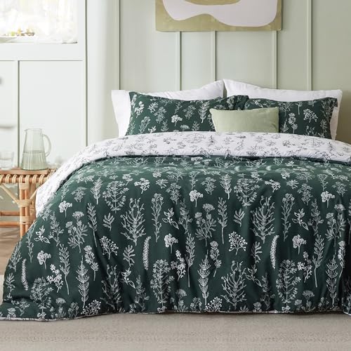 Image of Bedsure Duvet Cover Queen Size - Reversible Emerald Green Queen Duvet Cover Set with Zipper Closure, 3 Pieces Floral Patterned Bedding Set with 8 Corner Ties and 2 Pillow Shams
