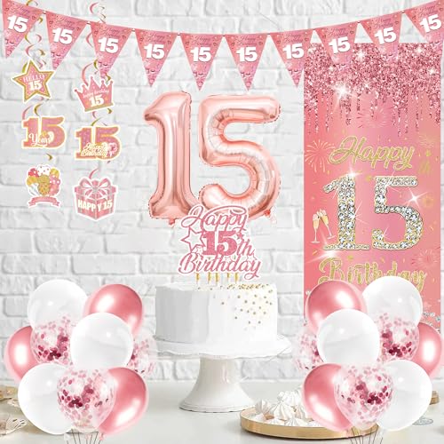 15 Geburtstag MäDchen Deko Set - 29 StüCk Rosegold Glitzer Happy Birthday Geburtstagsdeko Wimpel Tortendeko Mit HintergrüNde Zahl Luftballon Wirbel FüR 15 Jahr Geburtstagsfeier Party Dekoration