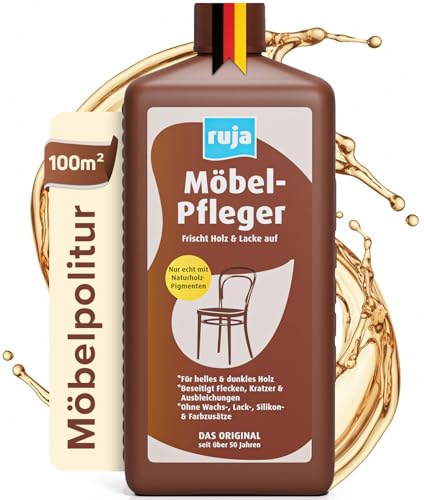 ruja Möbel-Pfleger 1 Liter - Möbelpolitur Möbelöl mit Echtholz-Pigmenten, 2-in-1 Holzreiniger & Holzpflegeöl - Holzöl farblos für innen - Holz-Öl dunkel & hell - für Holztisch, Möbel & mehr