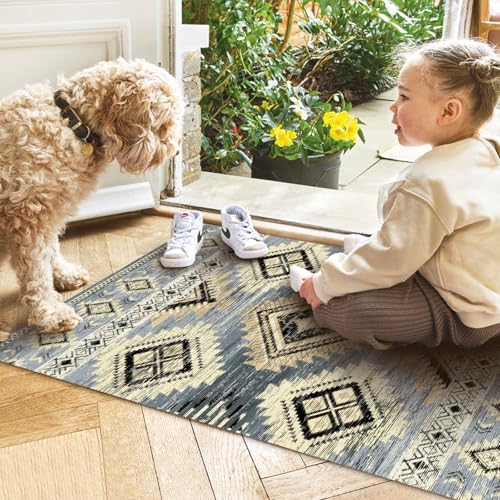 Image of Washable Boho Entryway Rug 2' x3' Small Western Rug Blue White Colorful Color Geometry Door Mat Indoor Entrance Non-Slip Soft Oriental Vintage Carpet Kitchen Entryway Bedroom Corridors Indoor