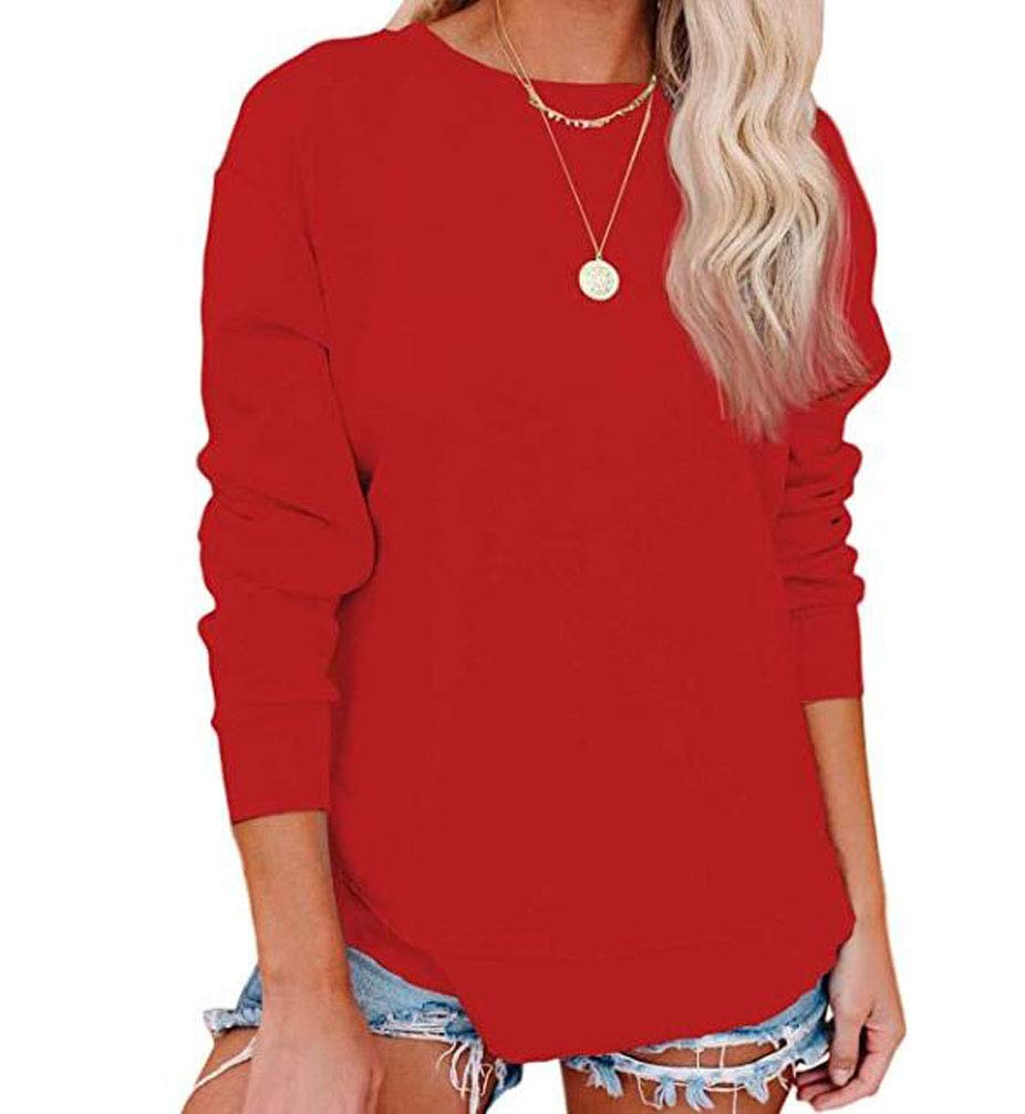 Damskie bluzy podstawowe z odkrytymi ramionami długie rękawy lekka bluzka z okrągłym dekoltem topy gładka tunika z rozcięciem boczny top, Czerwony, XL