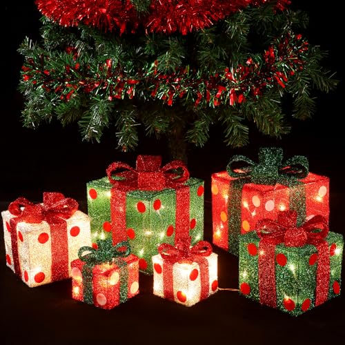 Qilery 8'' 6 4 Set of 6 Christmas Lighted Gift Boxes, 60 LED Christmas Box Decorations, Battery Operated Presents with Ribbon Bows, Decorations for Xmas Tree Home Holiday Decor(Dot)