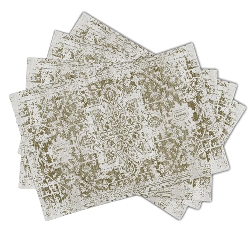 Image of Gray Olive Green Boho Placemats Set of 4 Ethnic Bohemian Carpet Place Mats Washable Kitchen Dining Vintage Grey Geography Floral Linen Table Mats Stain Heat-Resistant for Home Party Indoor 12x18 in