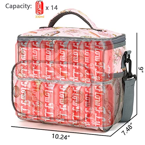 Flowfly Insulated Reusable Lunch Bag Adult Large Lunch Box For Women And Men With Adjustable Shoulder Strap Front Zipper Pocket And Dual Large Mesh Side Pockets, Rose #TOP3