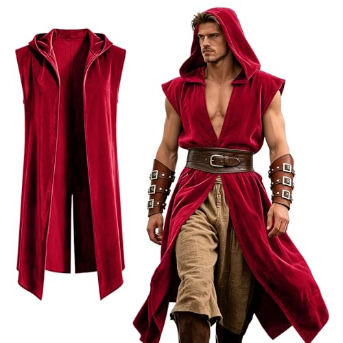 Medieval Hooded Vest Men Sleeveless Cloak Renaissance Tabard Sleeveless Tunic Viking Costume Halloween Assassin Cosplay Gothic Pirate Outfit for LARP Festival (Burgundy L)