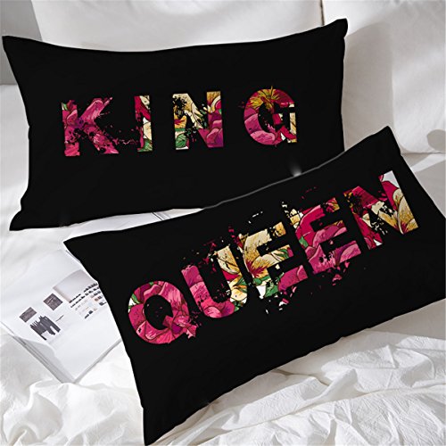 BlessLiving Retro Floral Queen and King Pillow Cases His Hers Couple Pillowcases Set of 2 Black Red Romantic Pillow Shams (Queen)