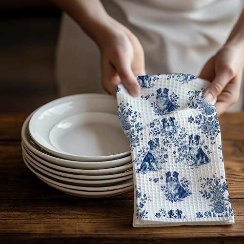 Image of Chinoiserie Australian Shepherd Kitchen & Hand Towels Set of 2, Blue and White Floral Dog Dish & Tea Towels for Kitchen Bathroom Decor, Vintage Toile Dog Lover Gifts for Women 16x24 Inch
