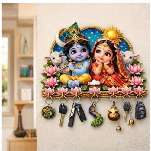 Image of Webelkart Premium Radha Krishna Wooden Key Holder for Home Decor, Wall Mount Key Hanger, Key Chain Holder for Wall, Living Room, Pooja Room