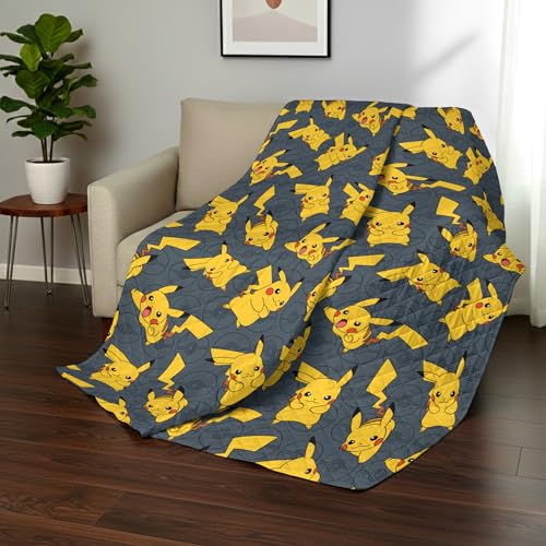 Image of Northwest Pokemon Company Reversible Full /Queen Quilted Blanket - Pikachu & Pokeball Pattern for Anime Fans, Cozy Blanket for Bed, Game Room or Couch, 90x90 inches