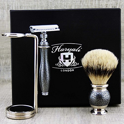 Set da barba per uomini – Argento Antico 3 pezzi – Pennello per rasatura e rasoio + doppio supporto per rasoio e pennelli. Set perfetto per l'uso quotidiano