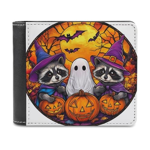 Stained Glass Halloween Raccoons Ghost Soft PU Leather Bifold Wallet, Coin Purse Credit Pass Case, Durable Card-Holder Slim Billfold for Men Woman Money Storage