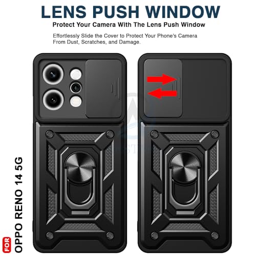 Image of AESTMO Tough Armor Oppo Reno 14 5G Bumper Back Case Cover | Ring Holder & Sliding Camera Shield Cover | 360 Degree Protection Back Case Cover for Oppo Reno 14 5G (Black)